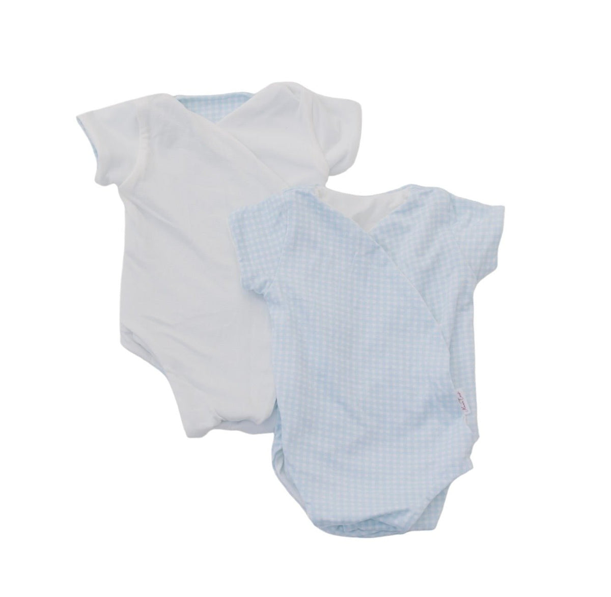 Reversible Baby Blue Gingham design short-sleeved winged bodysuit.