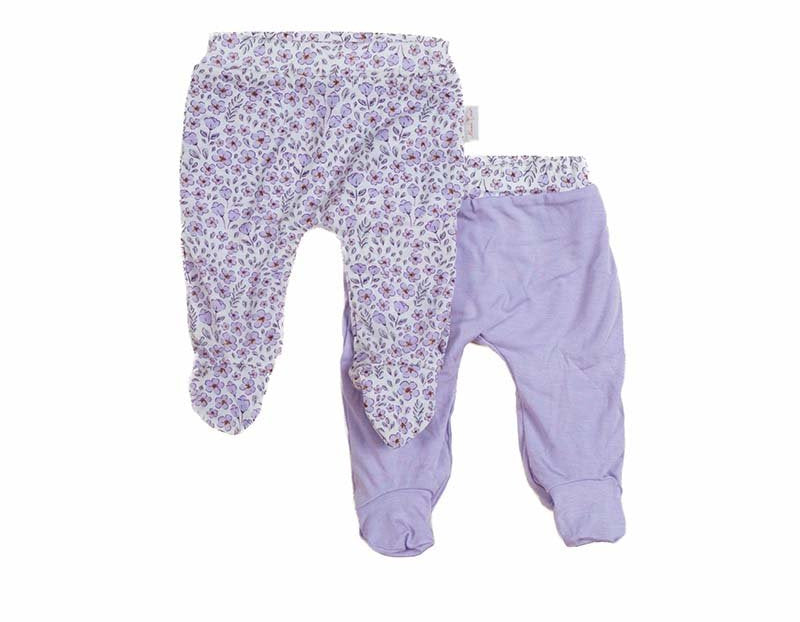 Reversible baby footie pants designed in silky modal fabric featuring our Purple Posies design.