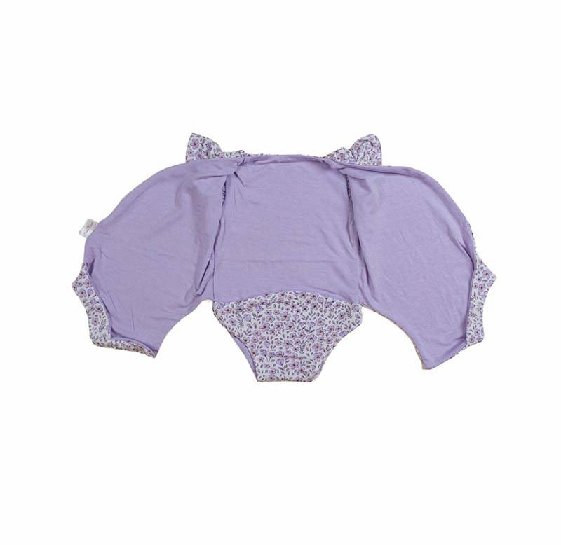 Reversible Purple Posies design flutter sleeve winged bodysuit in silky modal fabric.