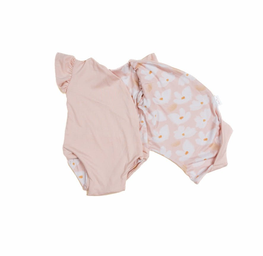 Reversible Sweet Lily floral short-sleeve bodysuit for baby in premium Classic Brushed fabric styles.