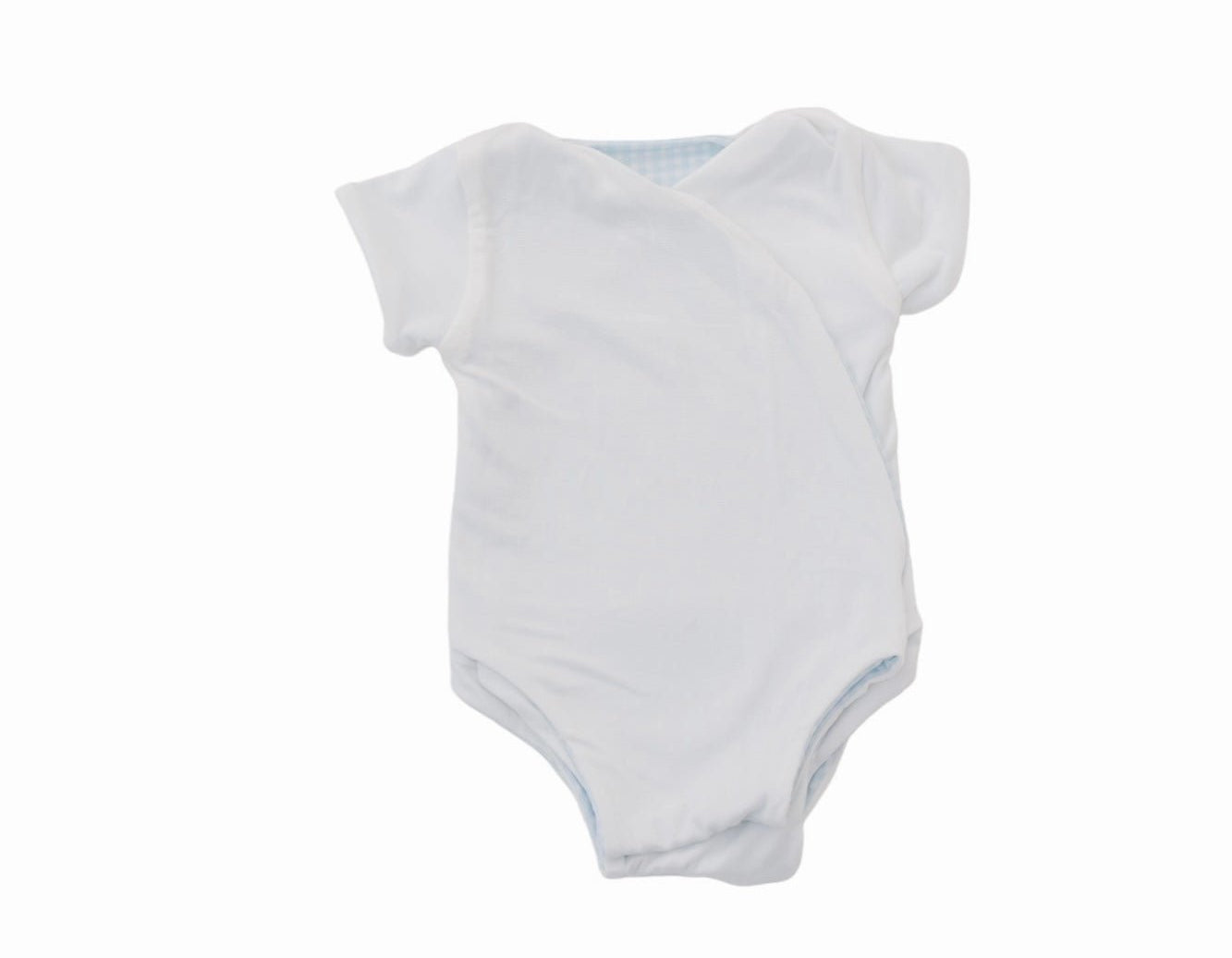 Reversible Baby Blue Gingham design short sleeved winged bodysuit in silky modal fabric.