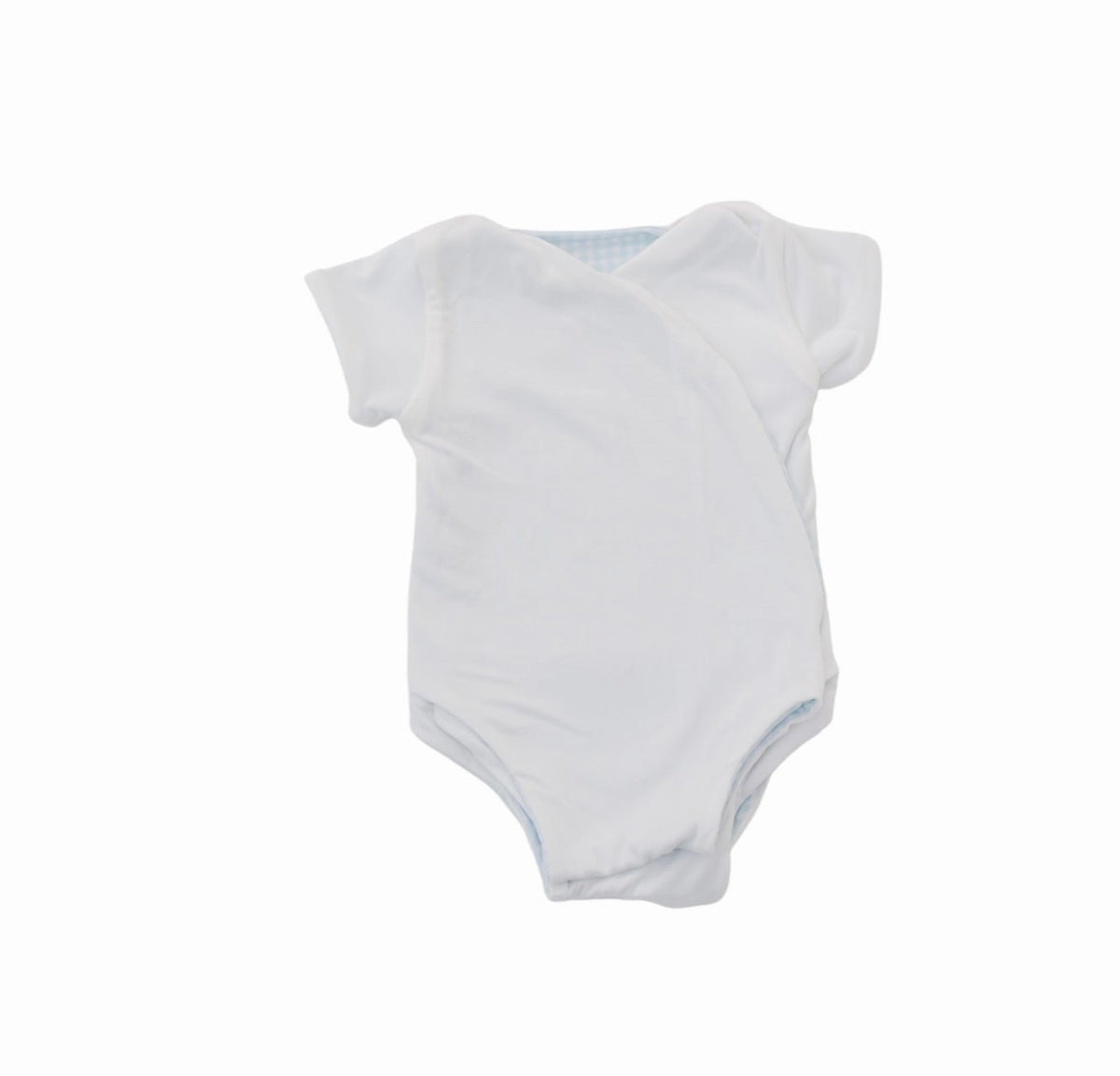 Reversible Baby Blue Gingham design short-sleeved winged bodysuit in silky modal fabric.