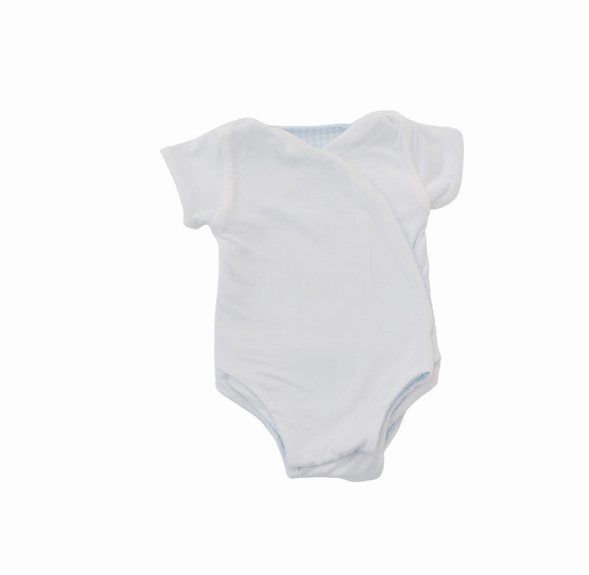 Reversible Baby Blue Gingham design short-sleeved winged bodysuit in silky modal fabric.
