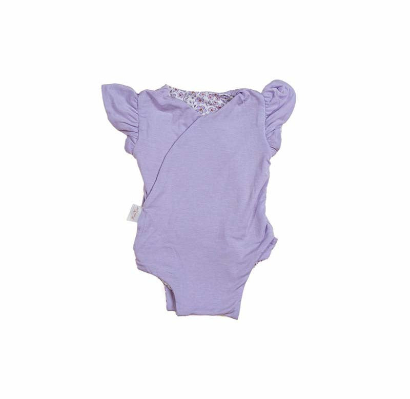 Reversible flutter sleeve baby onesie in Purple Posies design.