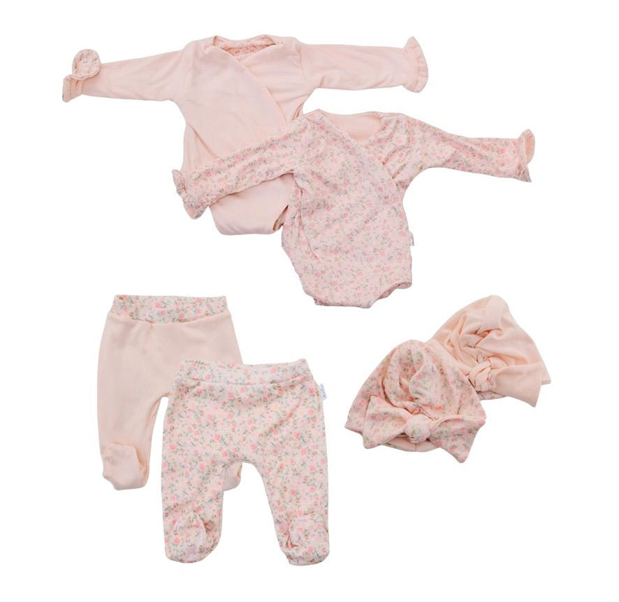 Dusty roses ruffle cuff long-sleeve onesie outfit bundle made from soft classic brushed texture fabric.