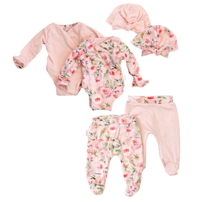 Peachy lilac ruffle cuff long sleeve baby onesie outfit bundle made from soft classic brushed texture fabric.