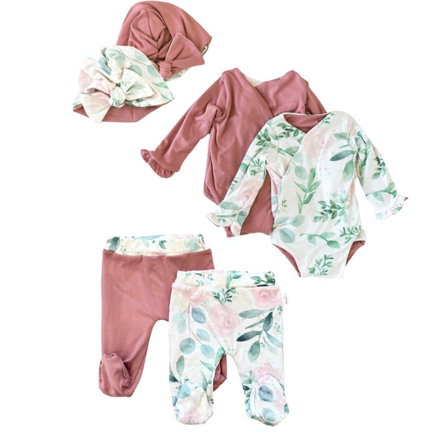 Blushing eucalyptus ruffle cuff long sleeve onesie outfit bundle made from soft classic brushed texture fabric, featuring a delicate watercolor eucalyptus leaf print.