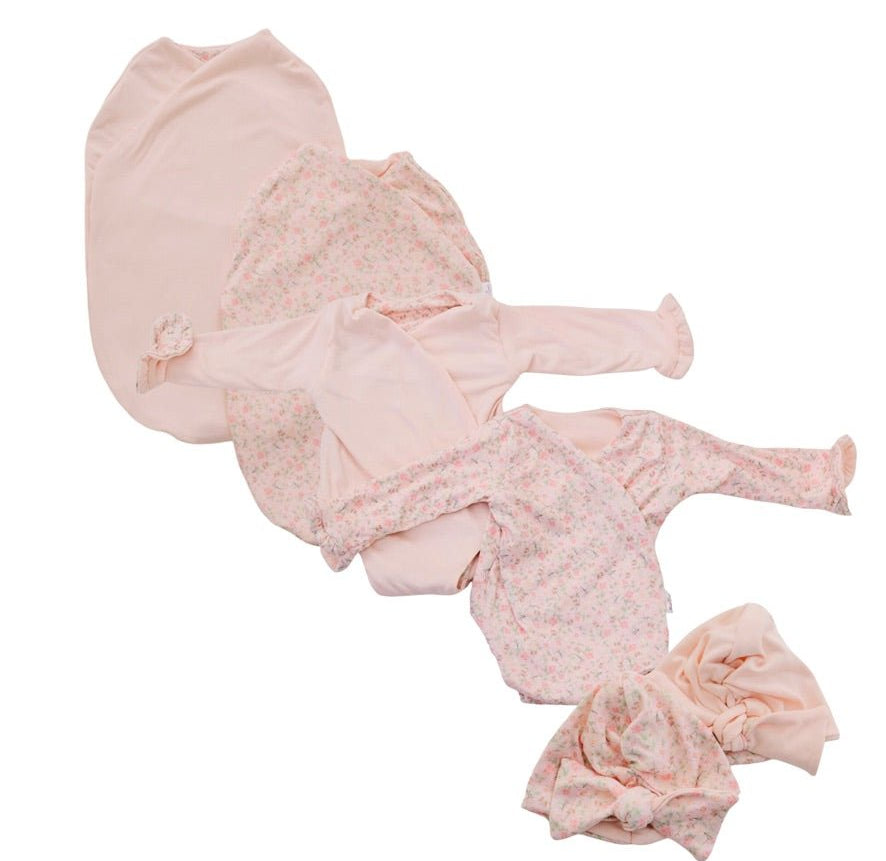 Classic brushed long sleeve newborn baby bundle, featuring adorable ruffle cuffs.