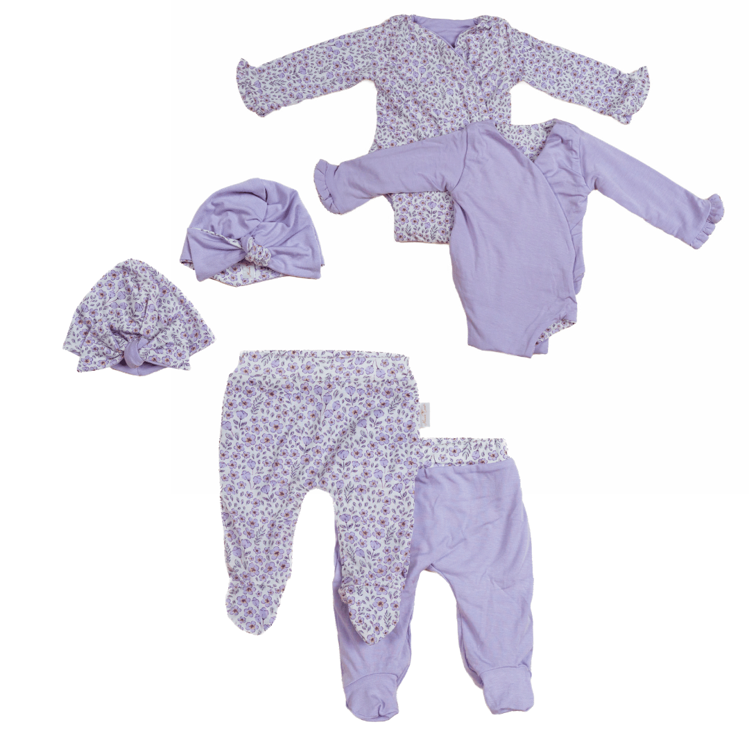Reversible baby ruffle cuff long sleeve baby onesie outfit bundle made from silky modal fabric in purple posies design.