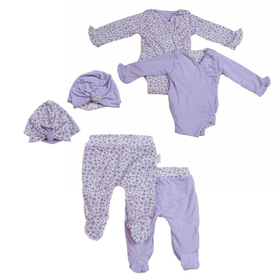 Reversible baby ruffle cuff long sleeve baby onesie outfit bundle made from silky modal fabric in purple posies design.