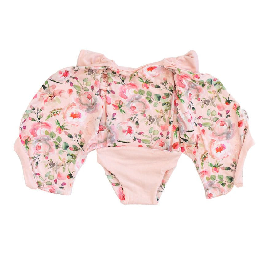 Peachy Rose Fields floral baby bodysuit with short sleeves in Classic Brushed fabric styles.
