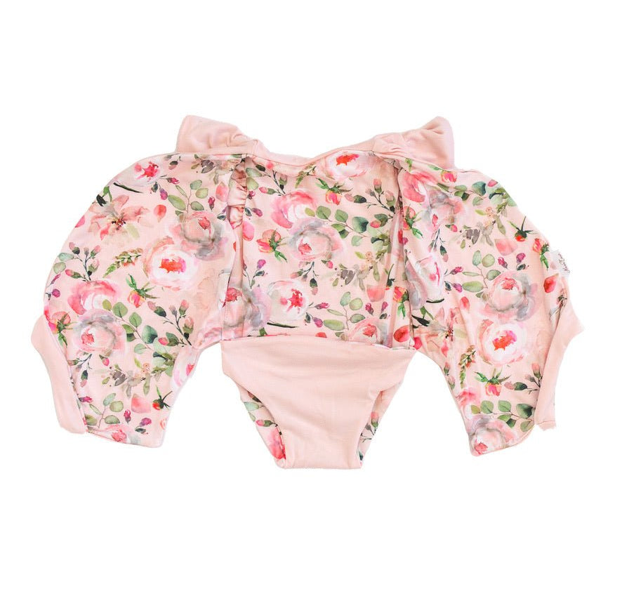 Peachy Rose Fields floral baby bodysuit with short sleeves in Classic Brushed fabric styles.
