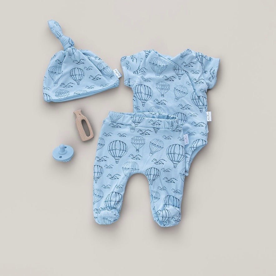 Short-sleeve baby onesie outfit bundle made from bamboo cotton in bon voyage design.