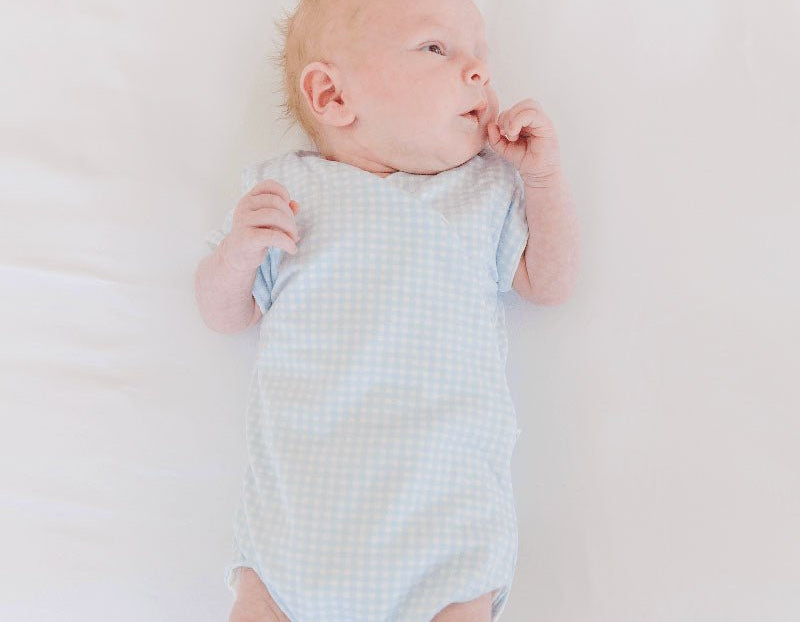 Baby Blue Gingham design short sleeve winged bodysuit.