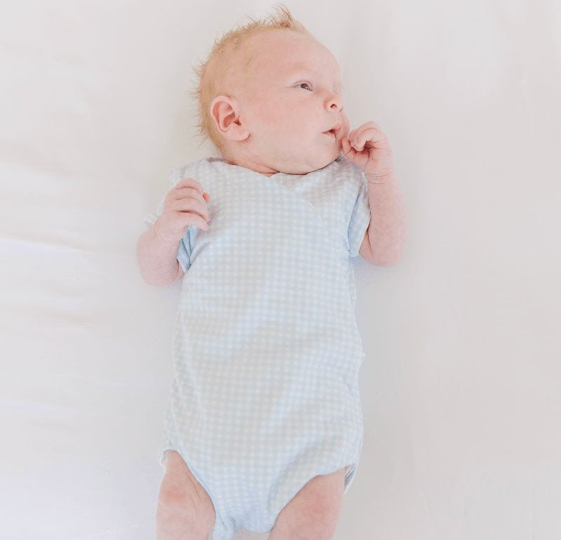 Baby Blue Gingham design short-sleeved winged bodysuit.