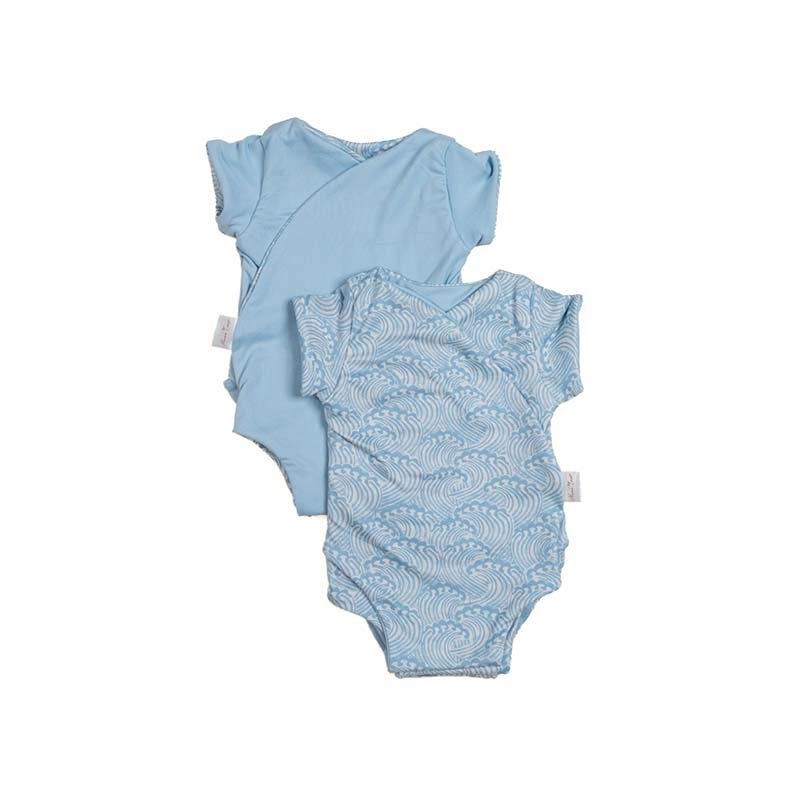 Soft classic brushed short-sleeve winged bodysuit in the Blue Swells design for comfortable everyday wear.