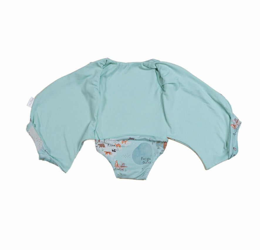 Everyday short-sleeve winged bodysuit in the World Traveler design made with classic brushed fabric.