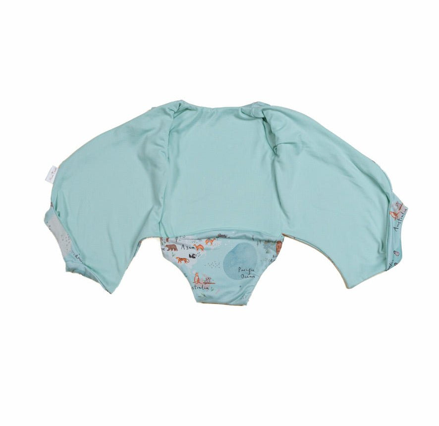 Everyday short-sleeve winged bodysuit in the World Traveler design made with classic brushed fabric.