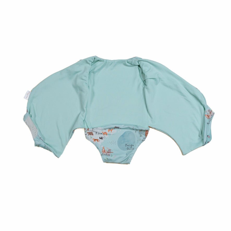 Everyday short-sleeve winged bodysuit in the World Traveler design made with classic brushed fabric.