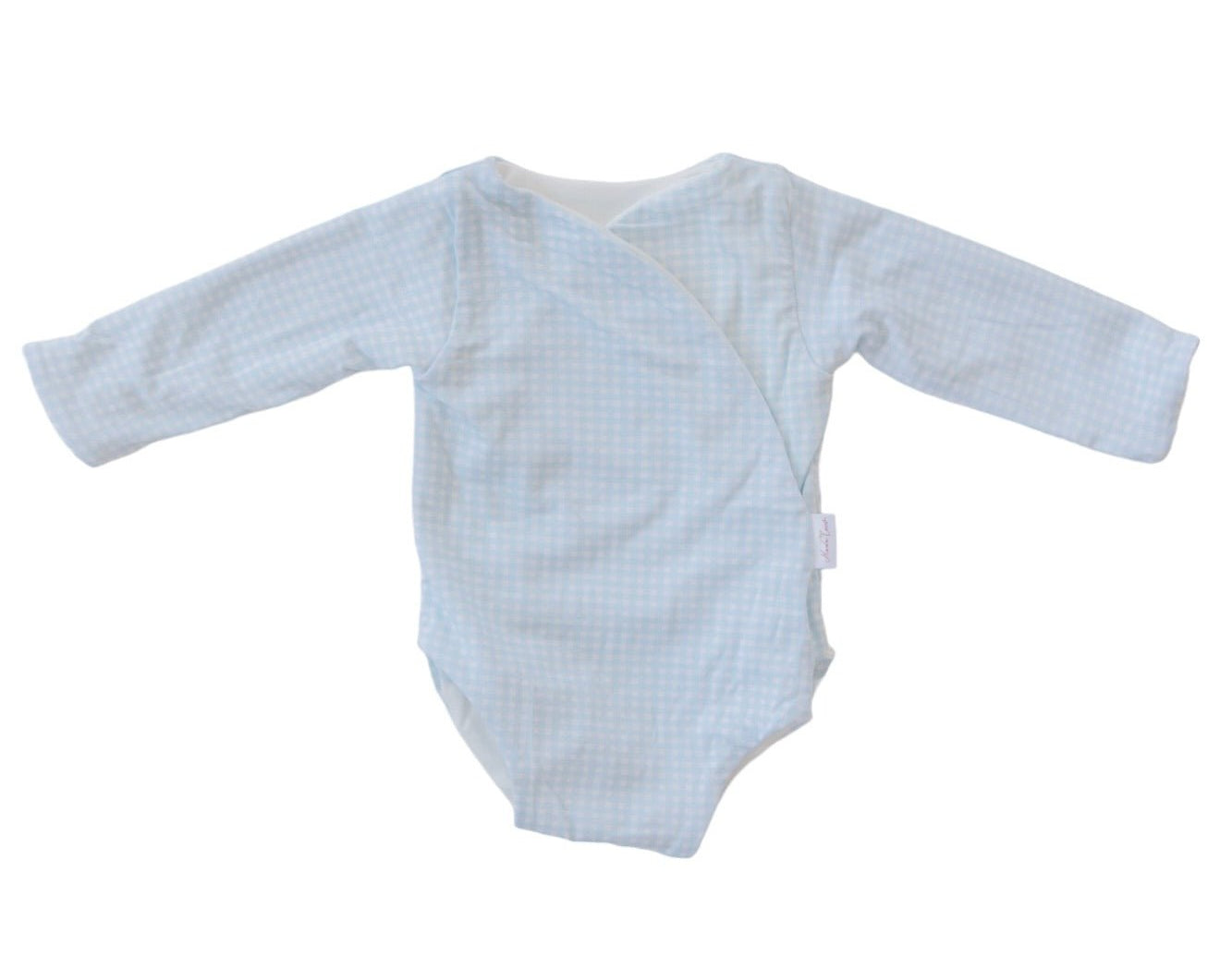 Silky modal long sleeved baby winged bodysuit in Baby Blue Gingham design.