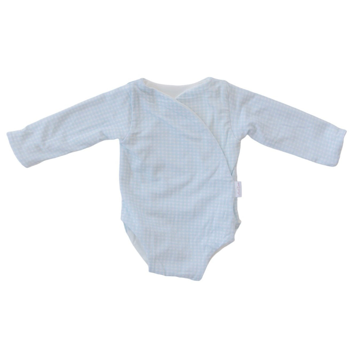 Silky modal long-sleeved baby winged bodysuit in Baby Blue Gingham design.