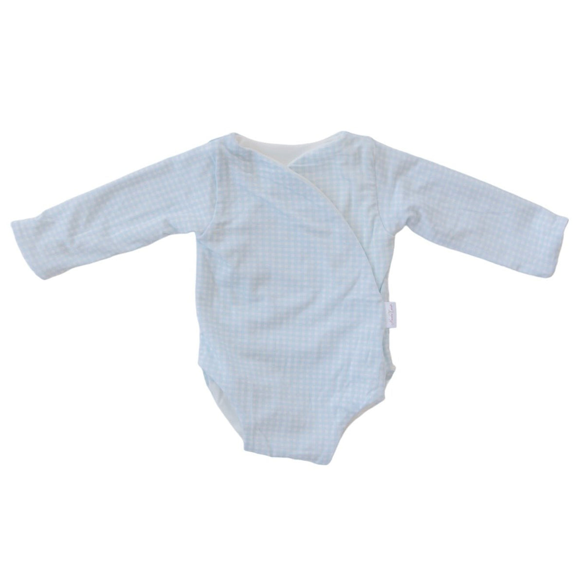 Silky modal long-sleeved baby winged bodysuit in Baby Blue Gingham design.