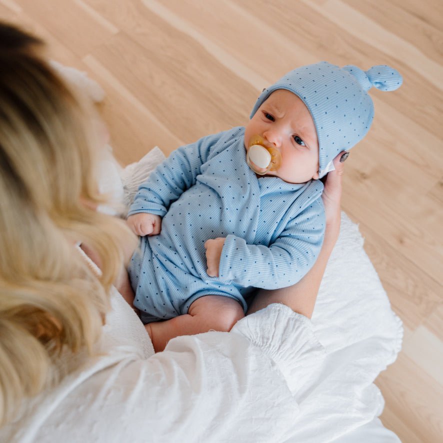 Silky modal essentials bundle for newborns, in silky modal fabric with dotted blues design.