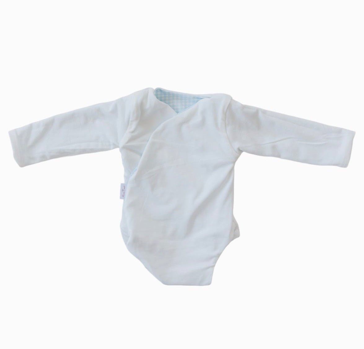 Reversible Baby Blue Gingham design long-sleeved winged bodysuit in silky modal fabric.