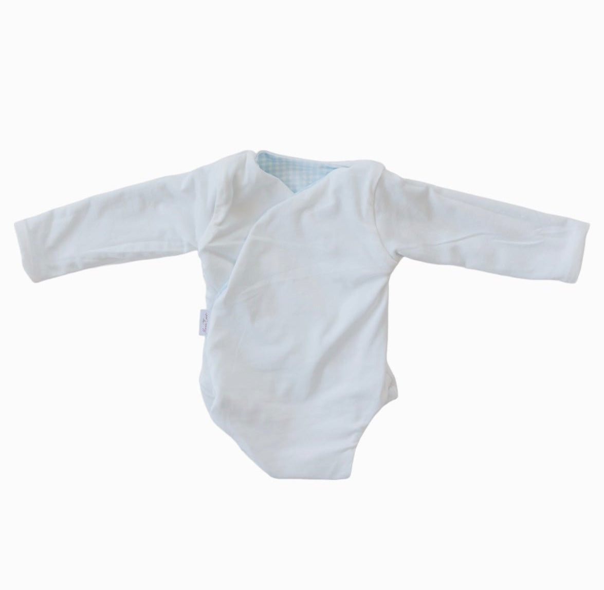 Reversible Baby Blue Gingham design long-sleeved winged bodysuit in silky modal fabric.
