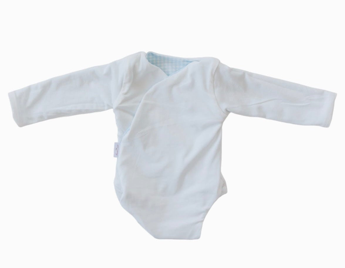 Reversible Baby Blue Gingham design long sleeved winged bodysuit in silky modal fabric.