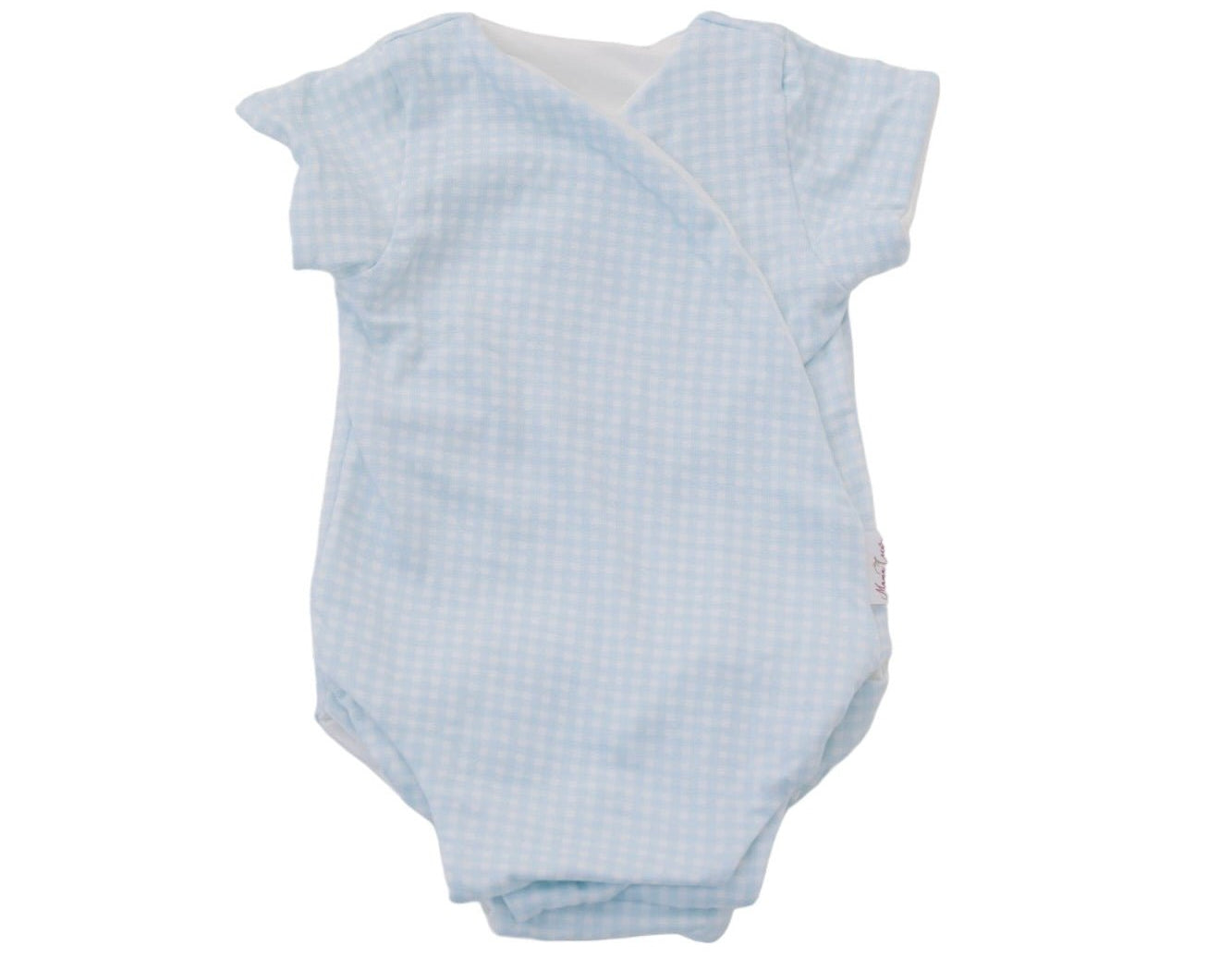 Baby Blue Gingham design winged bodysuit for babies in silky modal fabric.