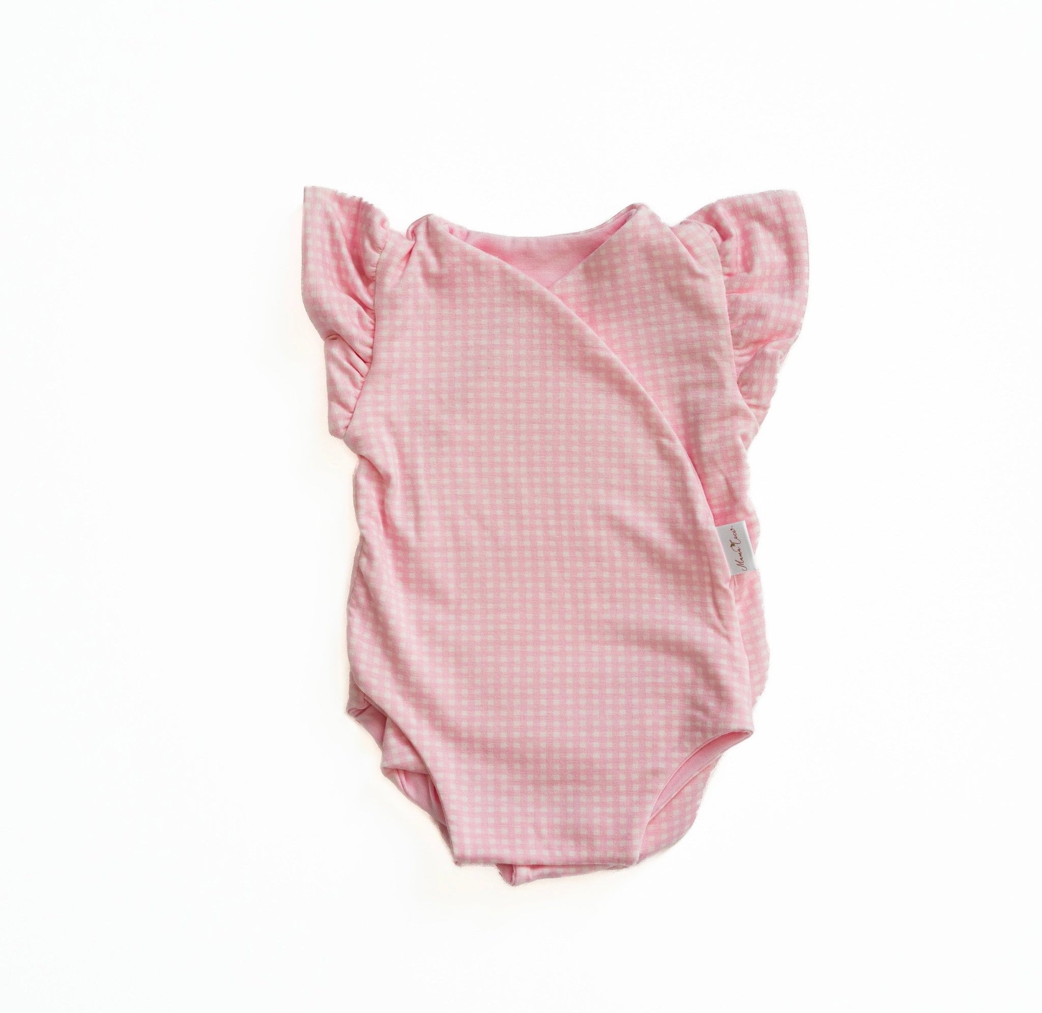 Silky modal flutter sleeve newborn winged bodysuit in Baby Pink Gingham design.