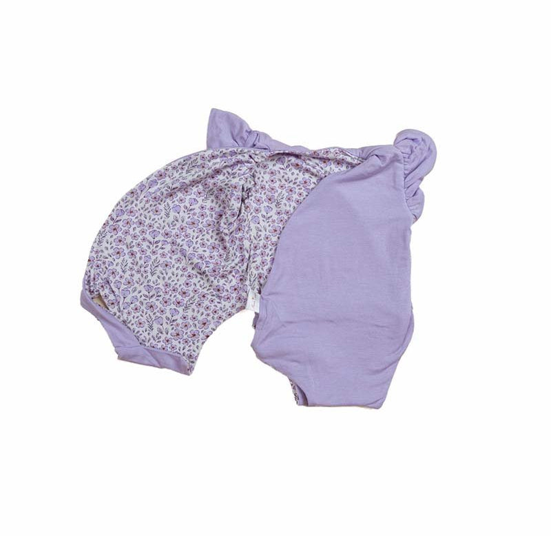 Purple Posies design flutter sleeve winged bodysuit for babies in silky modal fabric.