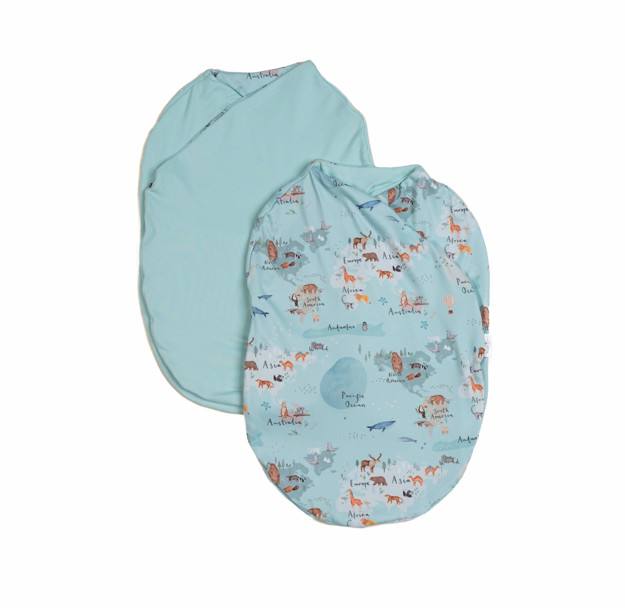 Silky Modal baby cocoon swaddle in World Traveler for newborn comfort.