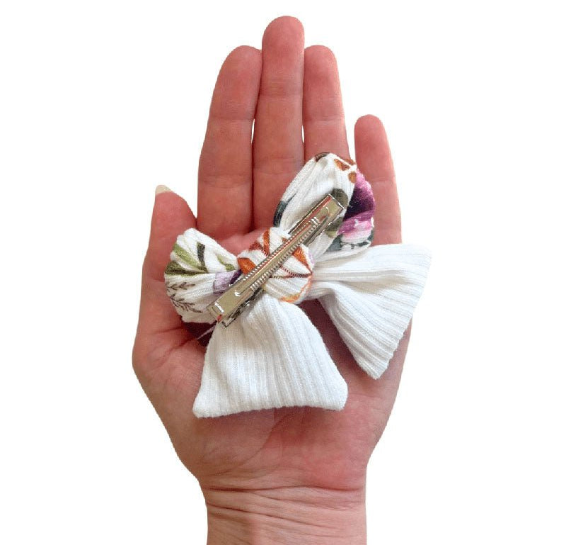 Boutique baby headband and bow clip in Ivory Wildflowers Classic Brushed fabric.
