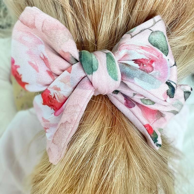 Boutique baby headband and bow clip in Peachy Rose Fields Classic Brushed fabric.