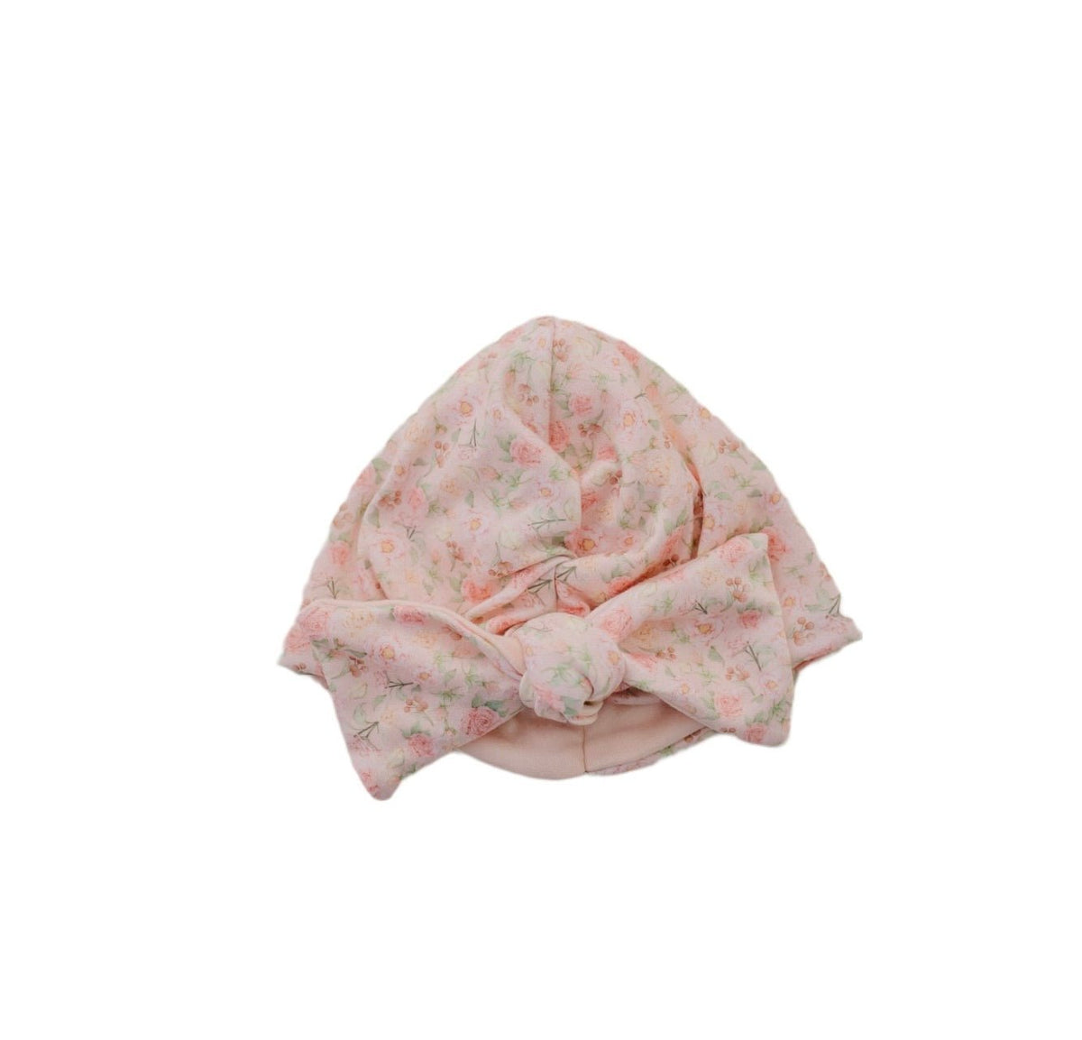 Cozy ruched beanie with bow for babies featuring the gentle Dusty Roses print.