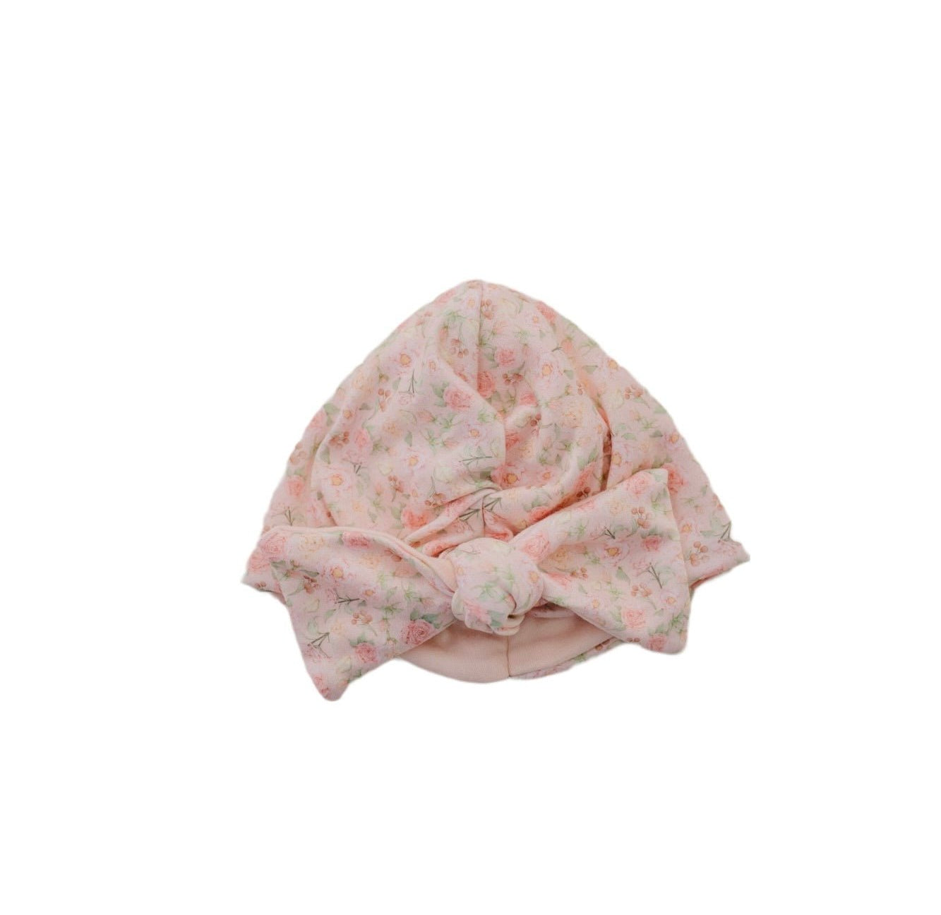 Cozy ruched beanie with bow for babies featuring the gentle Dusty Roses print.