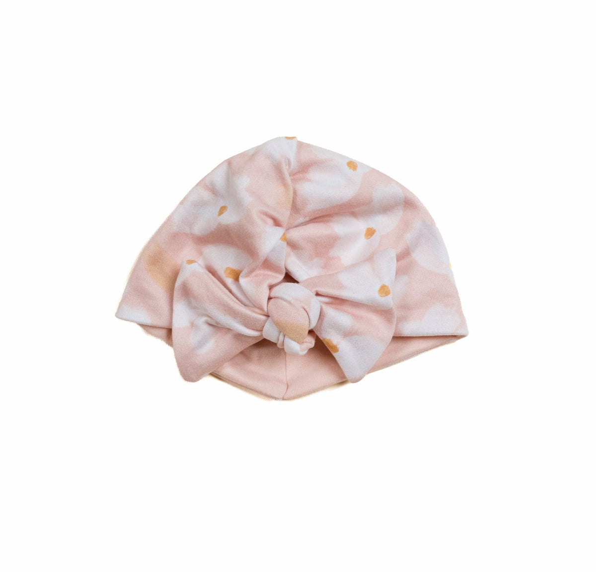 Comfortable Dusty Roses ruched baby beanie with bow crafted from classic brushed fabric.