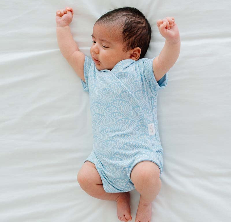 Everyday short-sleeve winged bodysuit with Blue Swells print and classic brushed softness.