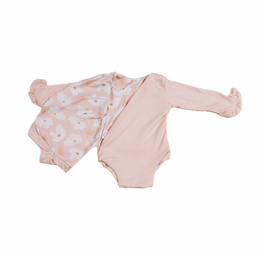 Comfortable Sweet Lily design brushed fabric baby bodysuit with wings and ruffle trim cuffs.