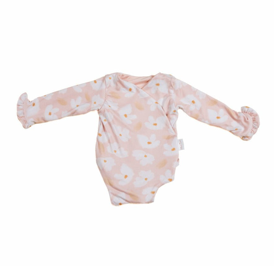 Comfortable Sweet Lily design brushed fabric baby bodysuit with wings and ruffle trim cuffs.