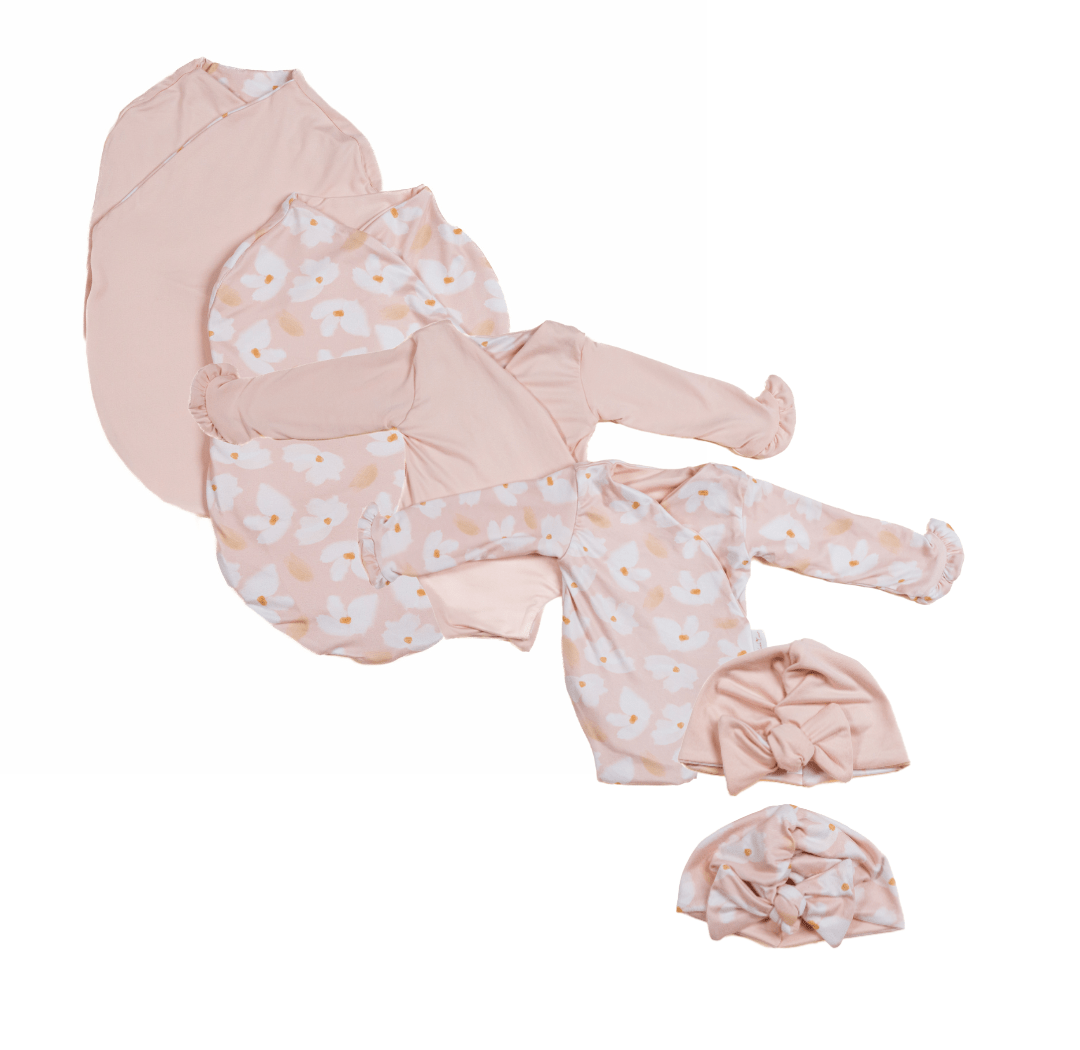 Classic brushed long sleeve newborn baby bundle, featuring adorable ruffle cuffs in sweet lily design.
