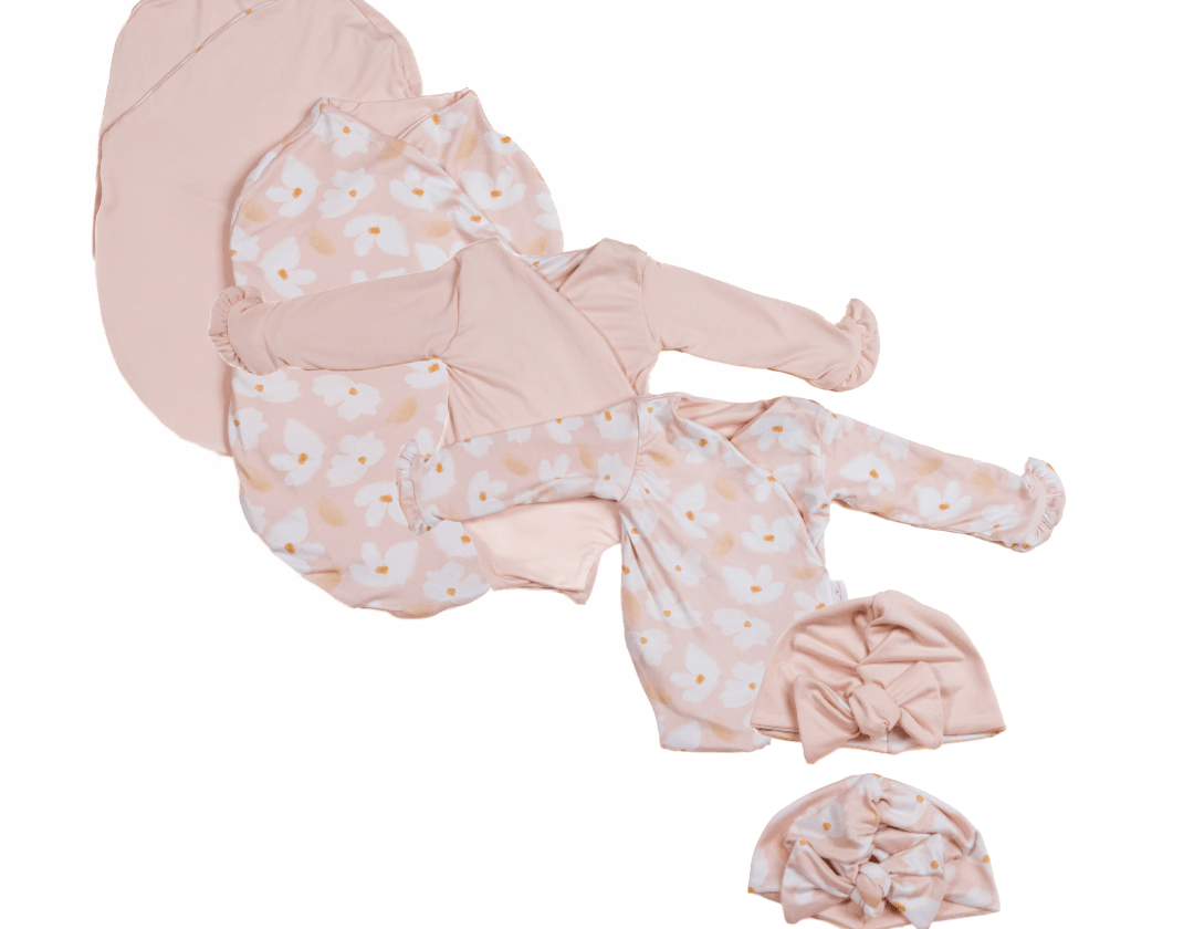 Classic brushed long sleeve newborn baby bundle, featuring adorable ruffle cuffs in sweet lily design.