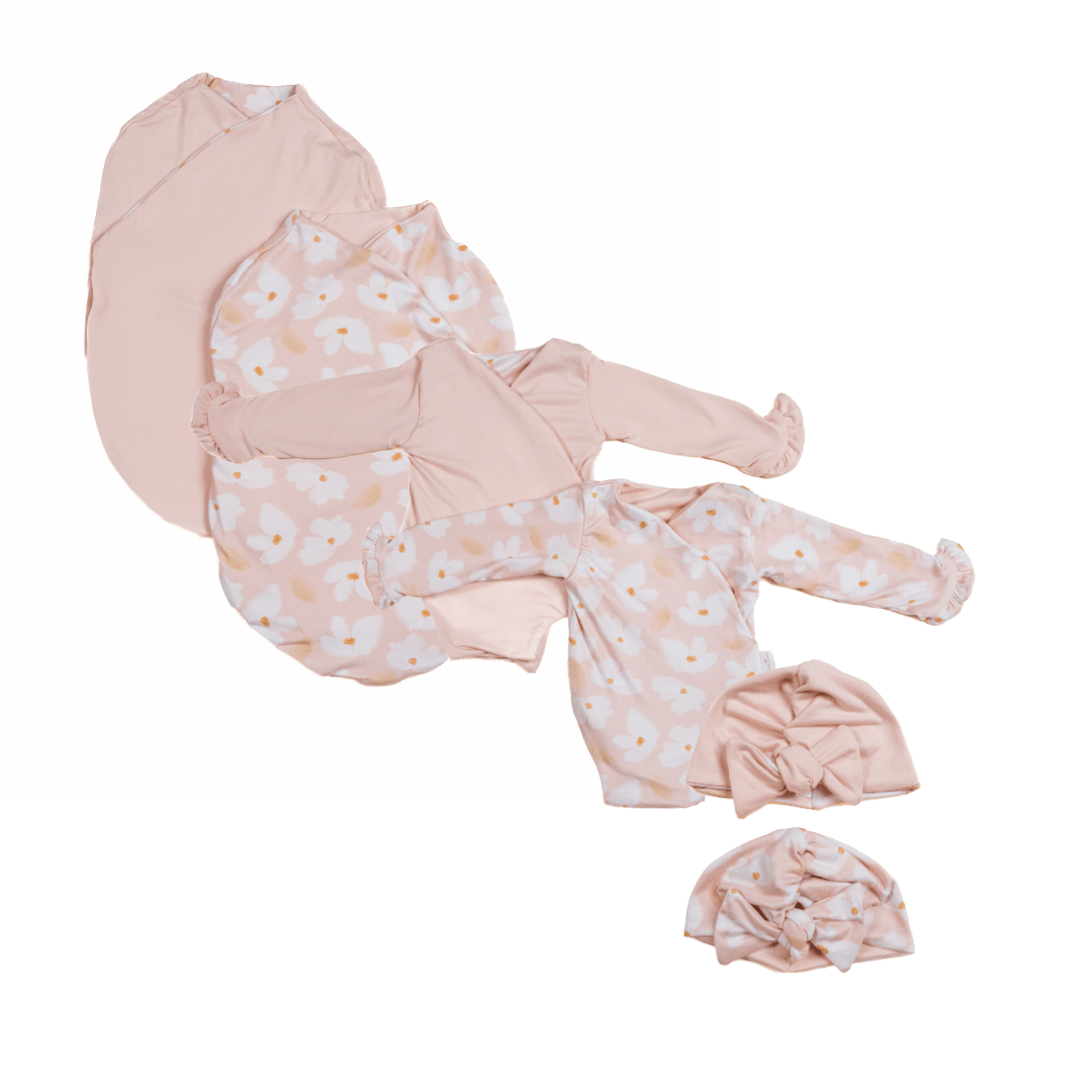 Classic brushed long sleeve newborn baby bundle, featuring adorable ruffle cuffs in sweet lily design.