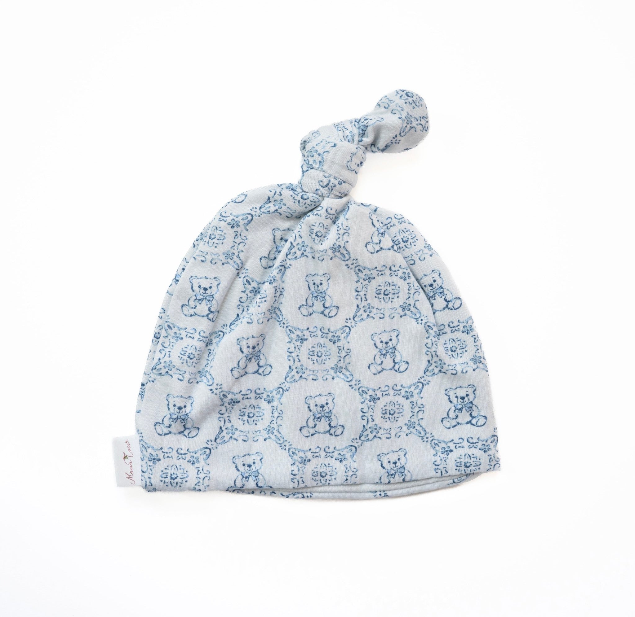 Bamboo cotton baby knotty beanie in teddy tiles design.