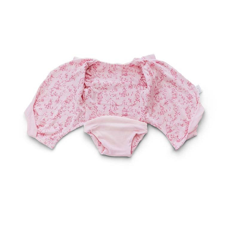 Reversible flutter sleeve winged bodysuit for babies in whimsical garden design.