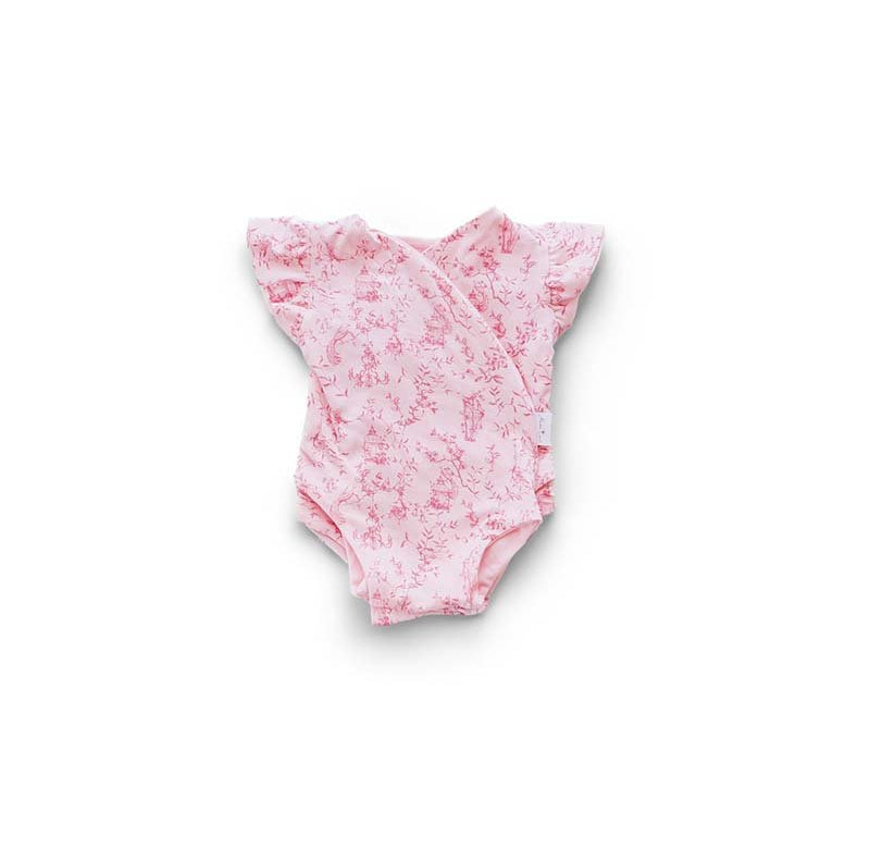 Flutter sleeve onesie for babies in whimsical garden design.