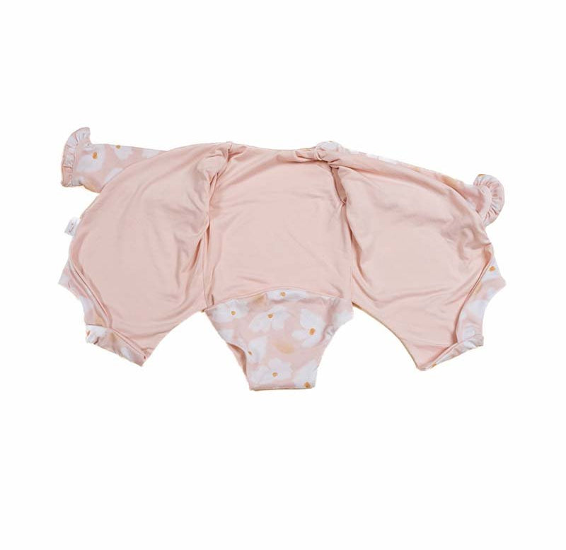 Stylish winged baby bodysuit with ruffle cuffs in soft Sweet Lily design classic brushed fabric with a reversible design.