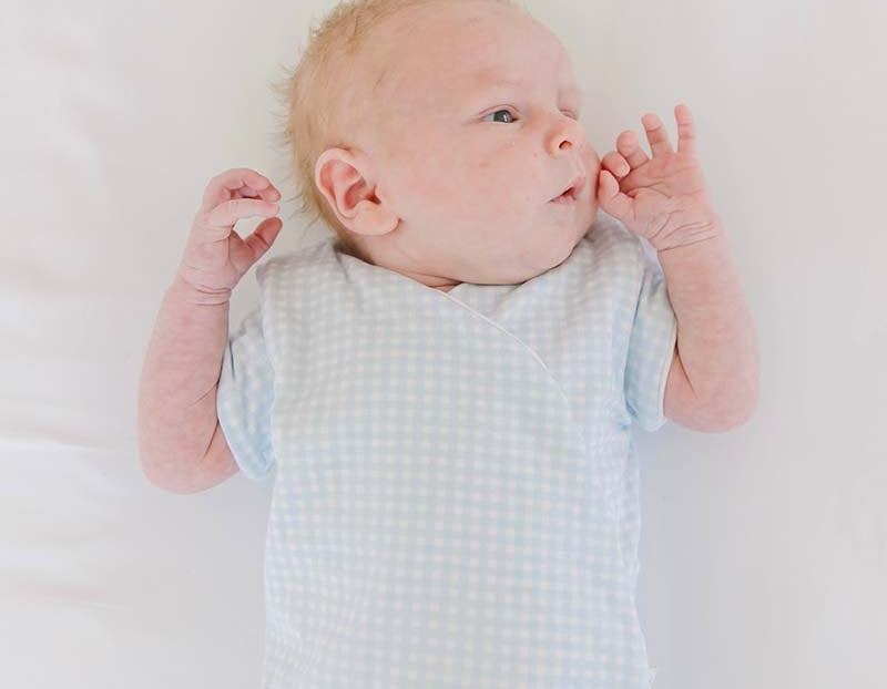 Baby Blue Gingham design baby winged bodysuit in silky modal fabric.